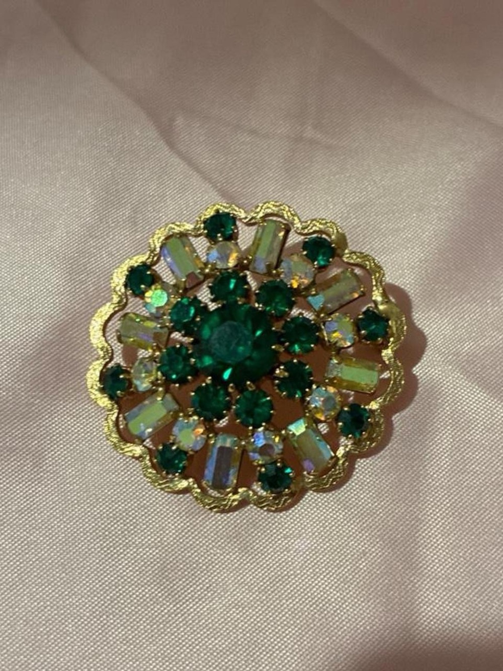 Gold-Tone Emerald Green Crystal Floral Brooch